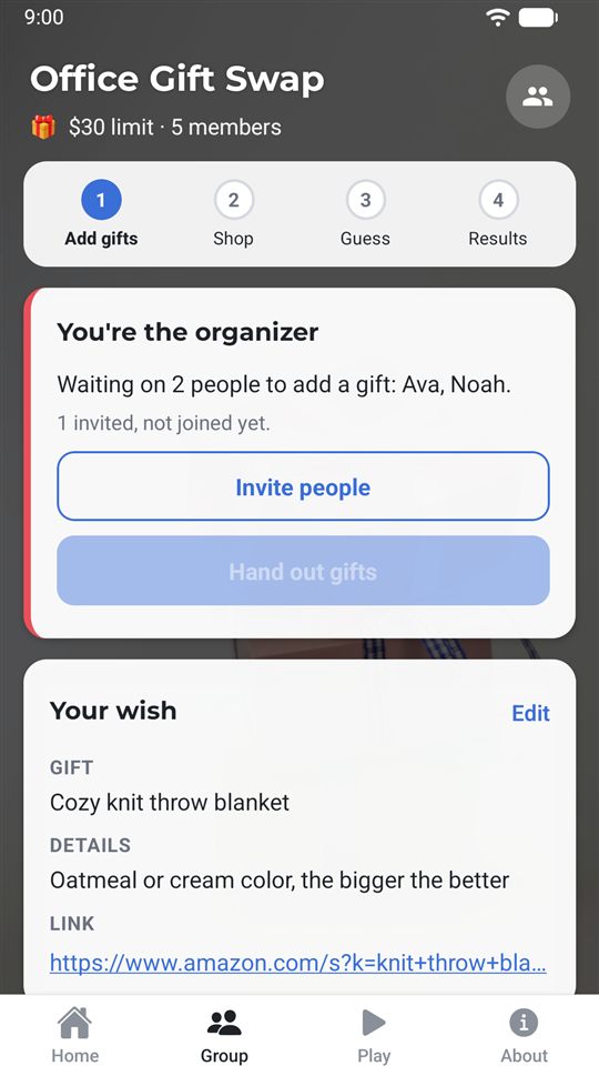A group waiting on members to add gifts