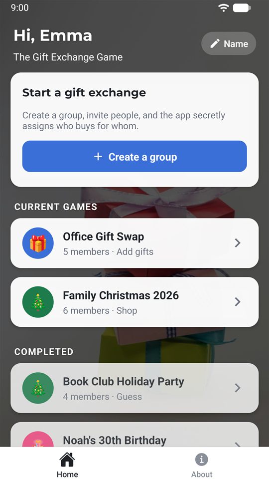 The app's home screen showing current and completed gift exchanges