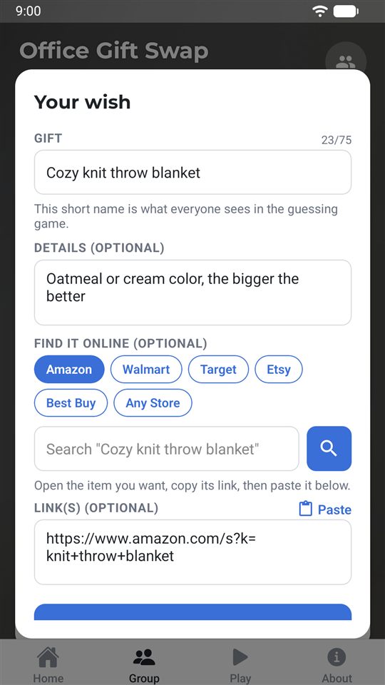 Adding a gift wish with store search buttons